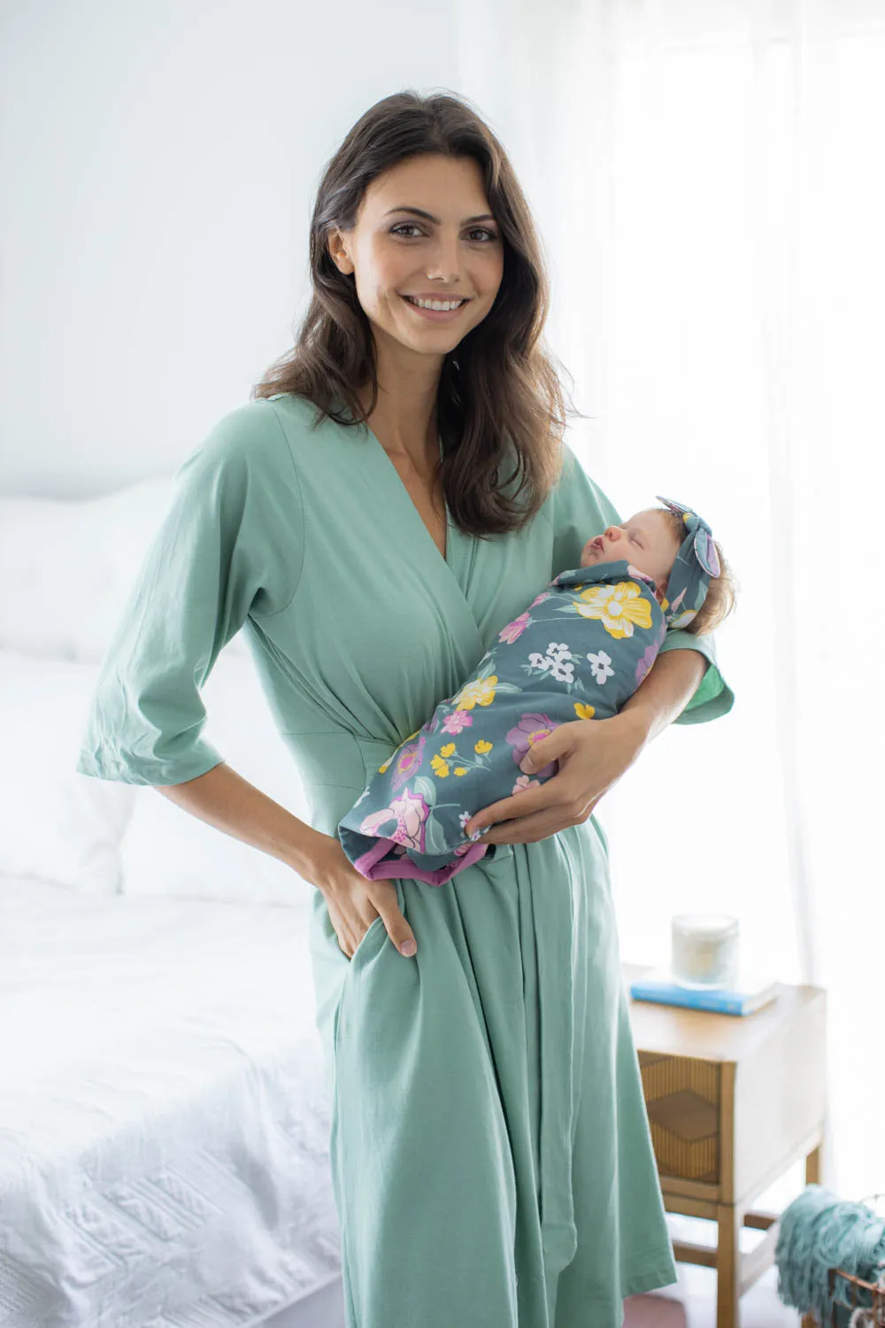 Sage Green Pregnancy Robe & Charlotte Swaddle Blanket & Headband Set