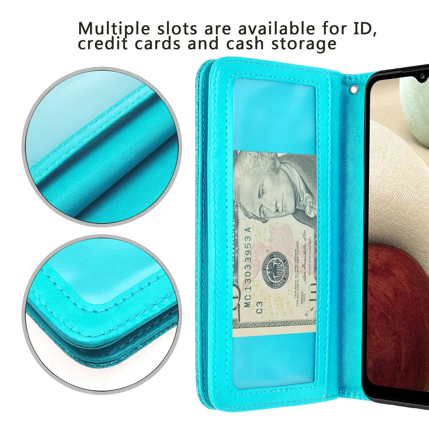 Samsung Galaxy A12 Case, Galaxy A12 Case, Glitter Faux Leather Flip Credit Card Holder Wrist Strap Shockproof Protective Wallet Case Clutch for Galaxy A12 - Teal