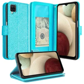 Samsung Galaxy A12 Case, Galaxy A12 Case, Glitter Faux Leather Flip Credit Card Holder Wrist Strap Shockproof Protective Wallet Case Clutch for Galaxy A12 - Teal