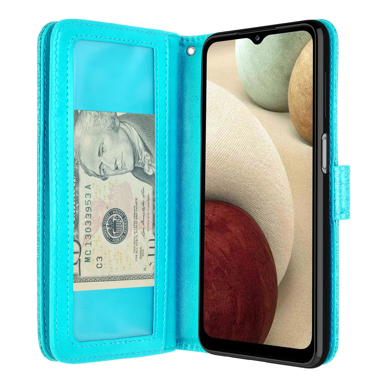 Samsung Galaxy A12 Case, Galaxy A12 Case, Glitter Faux Leather Flip Credit Card Holder Wrist Strap Shockproof Protective Wallet Case Clutch for Galaxy A12 - Teal