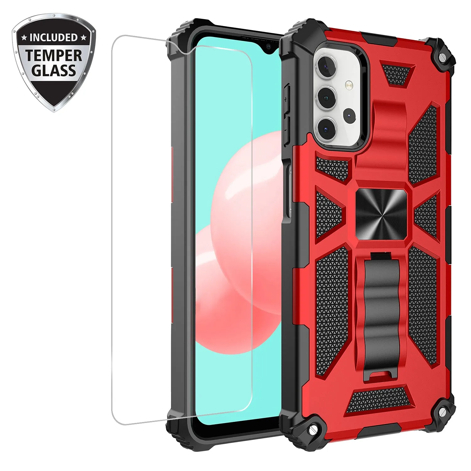 Samsung Galaxy A32 5G Case [Military Grade] Ring Car Mount Kickstand Hybrid Hard PC Soft TPU Shockproof Protective Case - Red