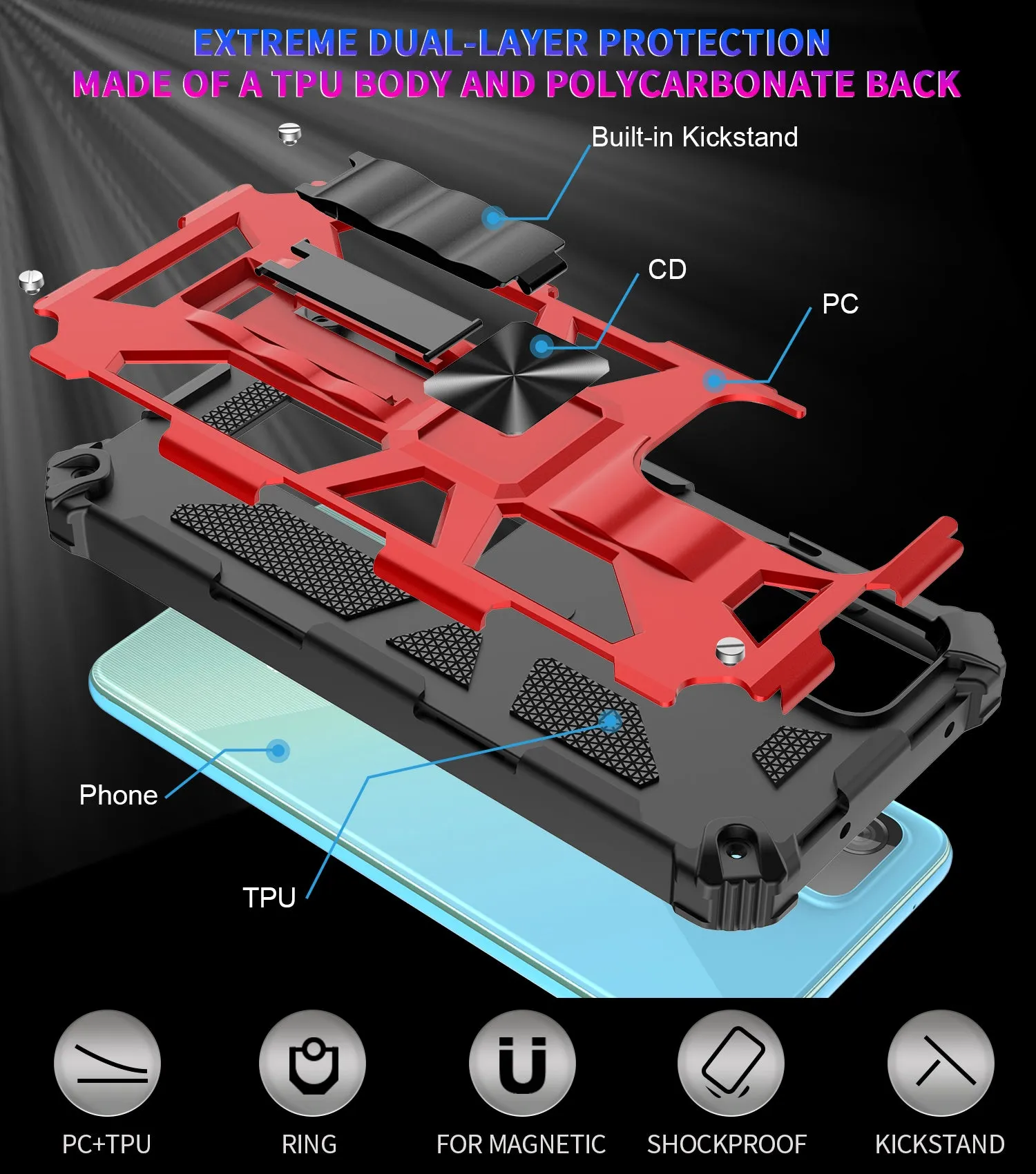 Samsung Galaxy A32 5G Case [Military Grade] Ring Car Mount Kickstand Hybrid Hard PC Soft TPU Shockproof Protective Case - Red