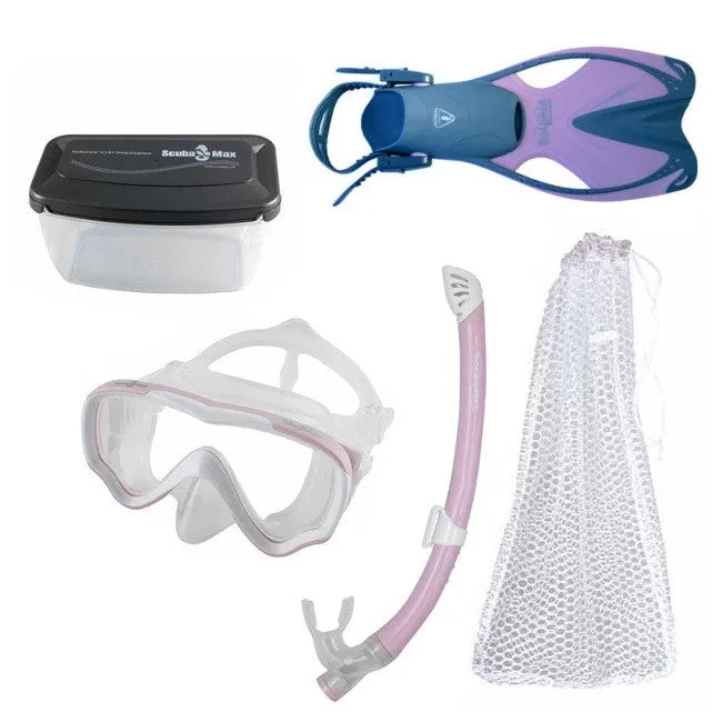 Scuba Max Kids MK-253 Dolphin Mask, FN-308 Dolphin, SK-229 Matrix, Mask box and Mesh Bag Snorkel Combo