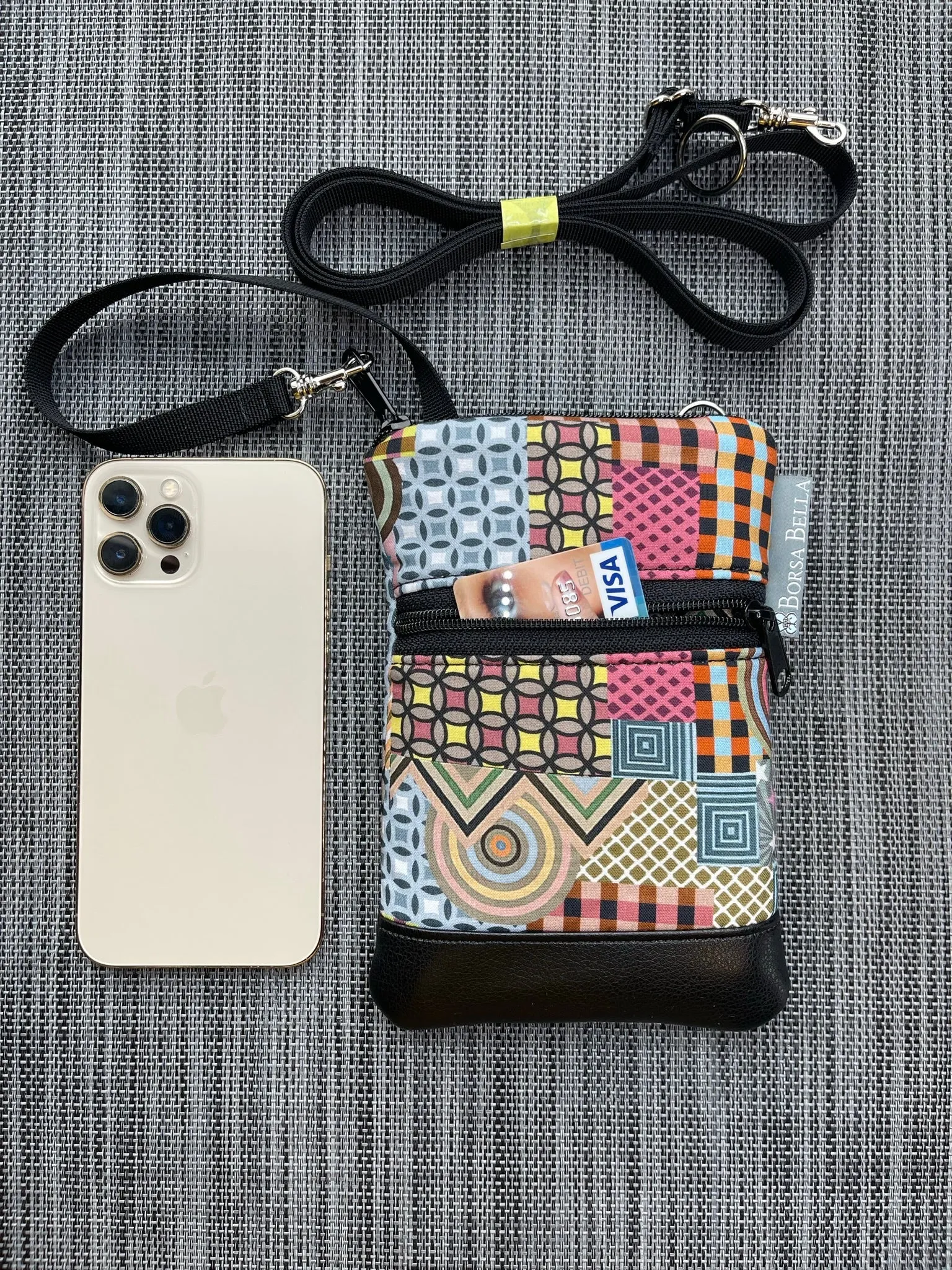 Short Zip Phone Bag - Wristlet Converts to Cross Body Purse - Geometric Fabric