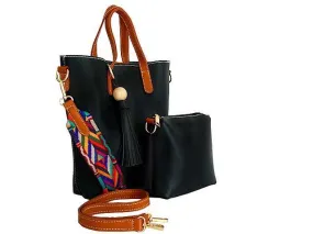 SMALL BLACK TASSEL TOTE BAG SET WITH CROSSBODY BAG AND LONG SHOULDER STRAPS