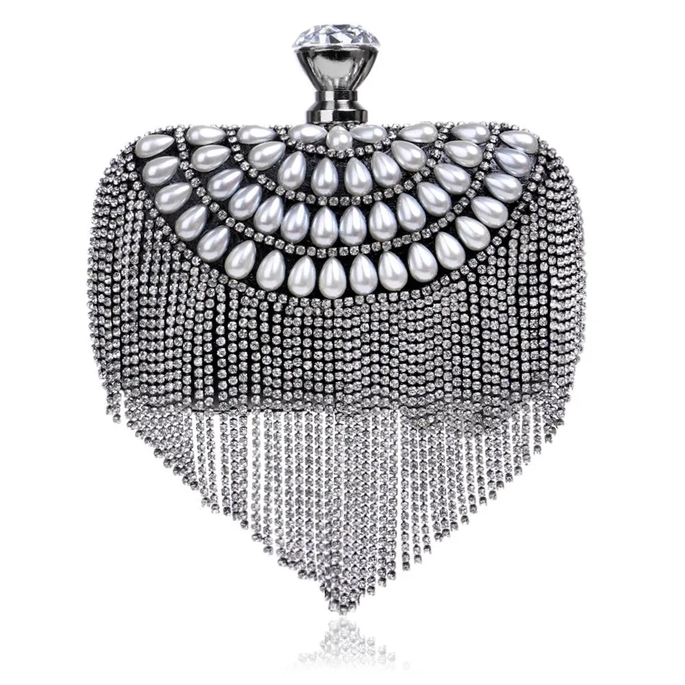 Tassel Rhinestones Clutch Women Evening Bags Beaded Handbags with Pearls