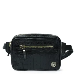 Waist Pack Bag In Squared Shape Black Croco Texture Leather