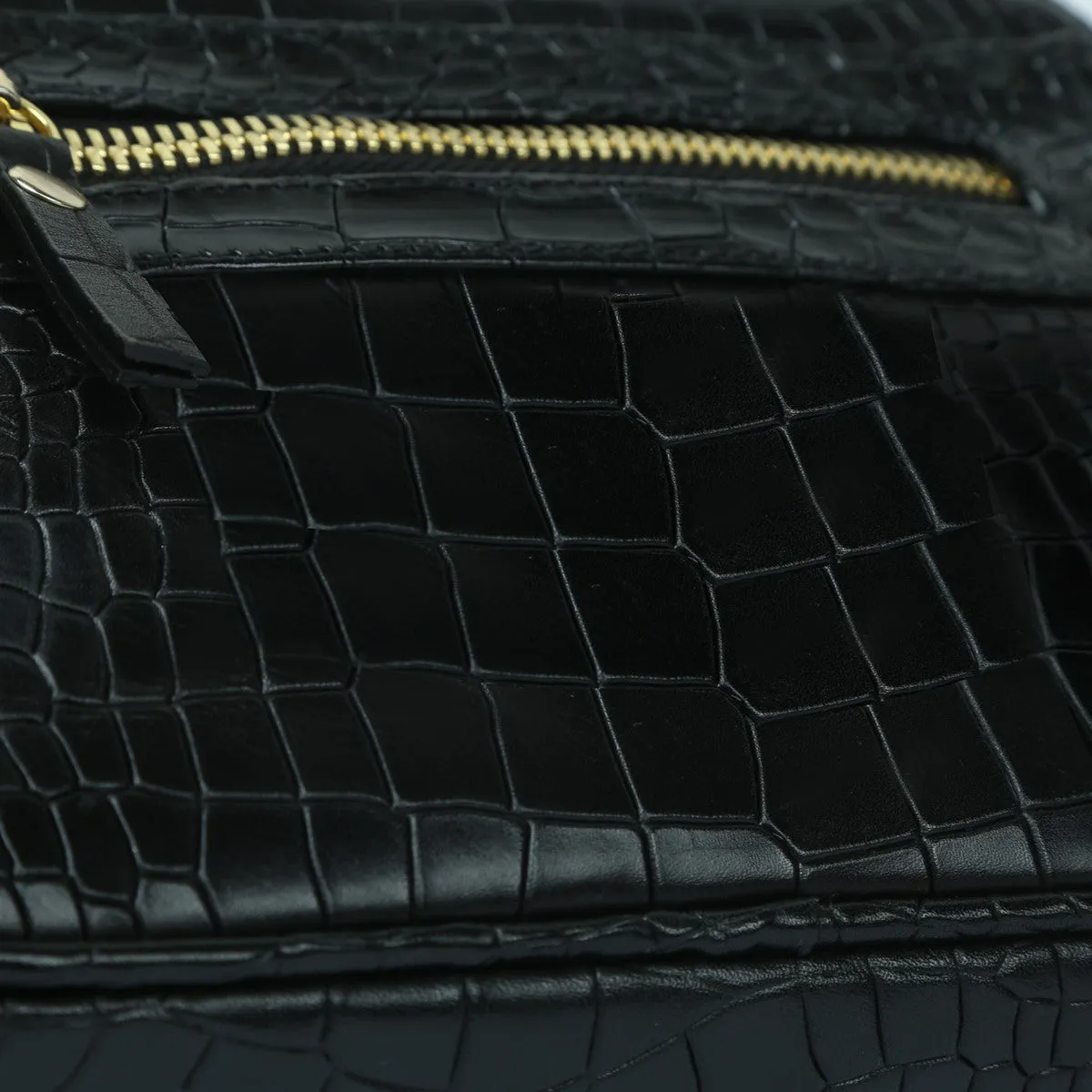 Waist Pack Bag In Squared Shape Black Croco Texture Leather