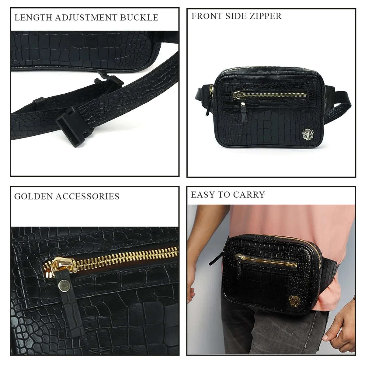 Waist Pack Bag In Squared Shape Black Croco Texture Leather