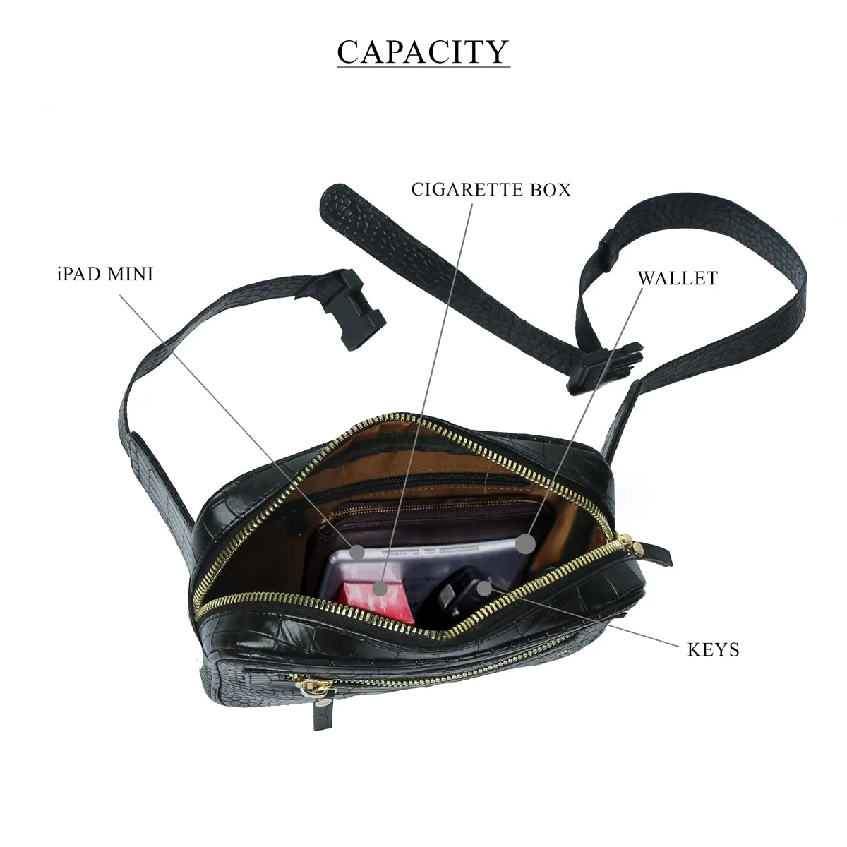 Waist Pack Bag In Squared Shape Black Croco Texture Leather