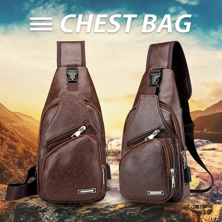 Waterproof Leisure PU Leather Single Shoulder Bag Men Chest Bag with USB Charging Port and Headphone Hole(Dark Brown)