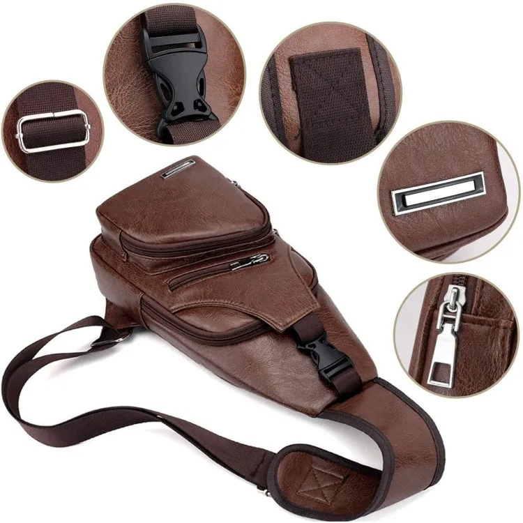 Waterproof Leisure PU Leather Single Shoulder Bag Men Chest Bag with USB Charging Port and Headphone Hole(Dark Brown)