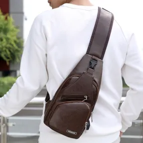 Waterproof Leisure PU Leather Single Shoulder Bag Men Chest Bag with USB Charging Port and Headphone Hole(Dark Brown)