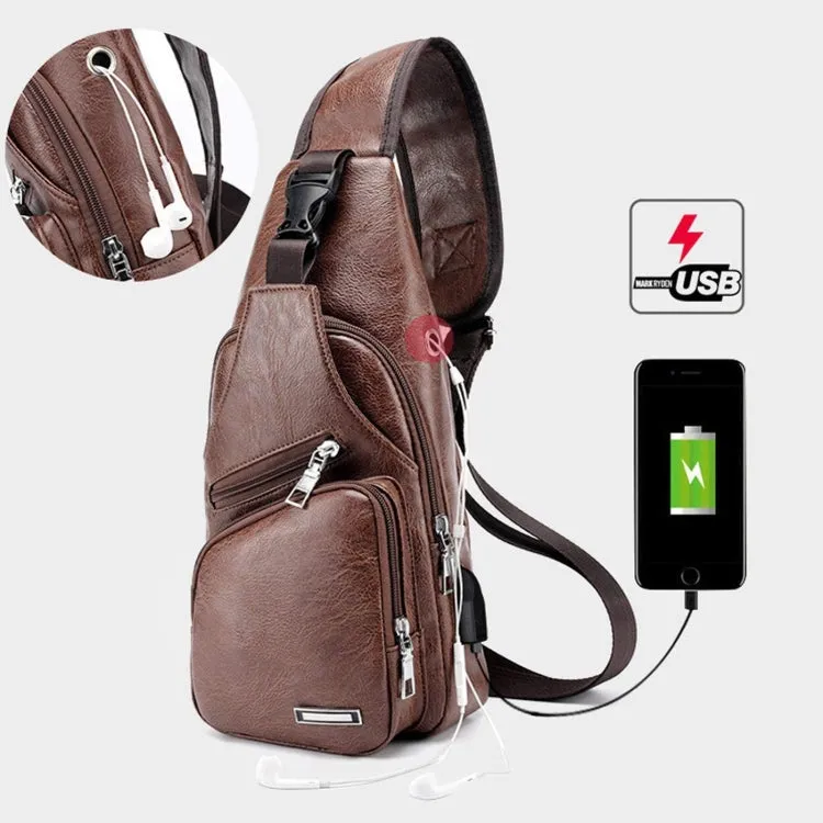 Waterproof Leisure PU Leather Single Shoulder Bag Men Chest Bag with USB Charging Port and Headphone Hole(Dark Brown)