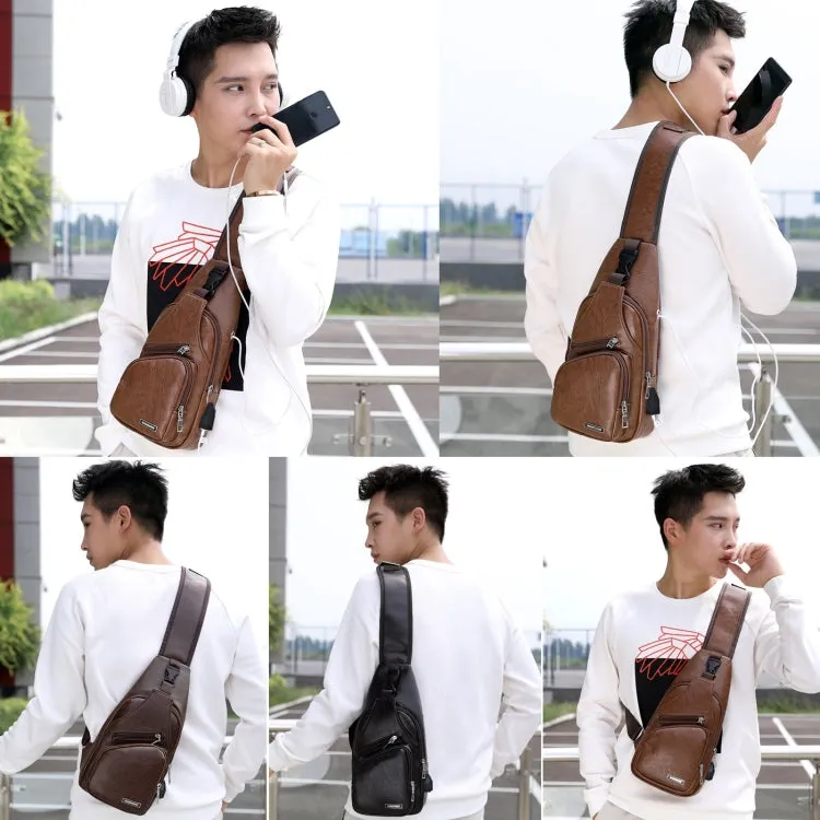 Waterproof Leisure PU Leather Single Shoulder Bag Men Chest Bag with USB Charging Port and Headphone Hole(Dark Brown)