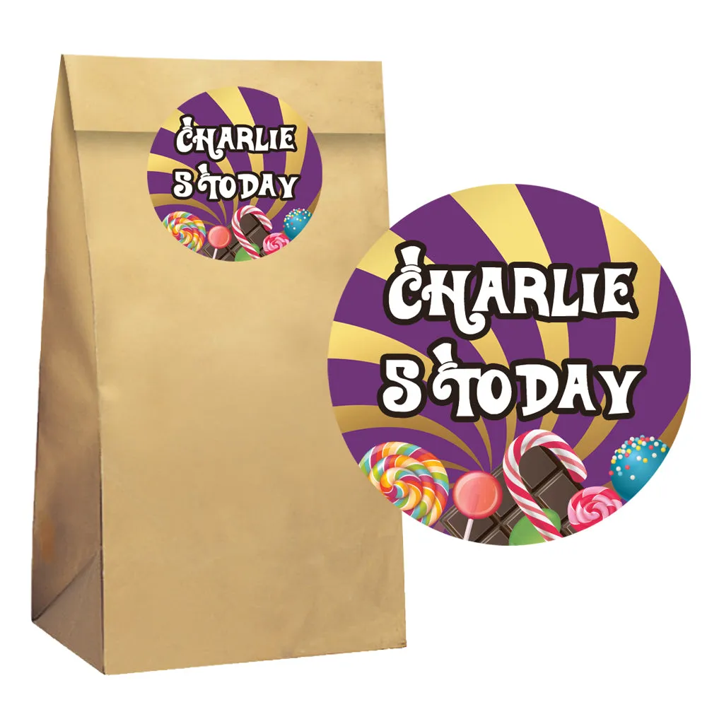 Wonka Chocolate Factory Paper Party Bags With Personalised Round Stickers - Pack of 10