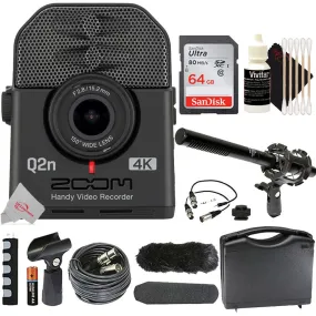 Zoom Q2n-4K Ultra High Definition Handy Video Recorder    VidPro 1" Pro Shotgun Microphone Kit w/ Case and Accessories   64GB Memory Card   3pc Cleaning Kit